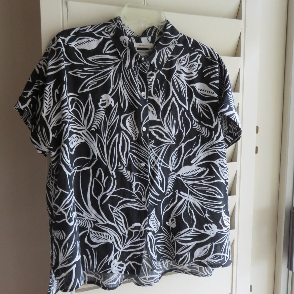 Christian Siriano 100% Linen White Flowers on Black Print Women’s Blouse L